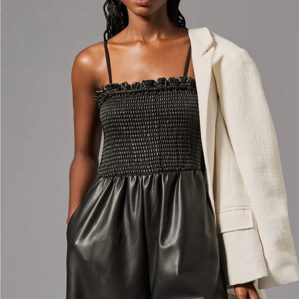 Anthropologie Faux Leather Black Strapless Balloon Jumpsuit - Picture 2 of 7